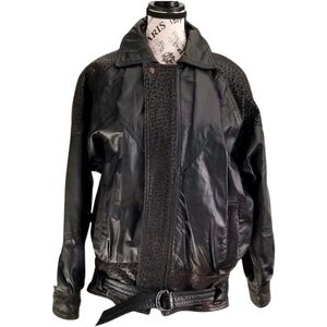 🇨🇦 90s Genuine Leather Black Leopard Bomber Jacket Size Medium Large